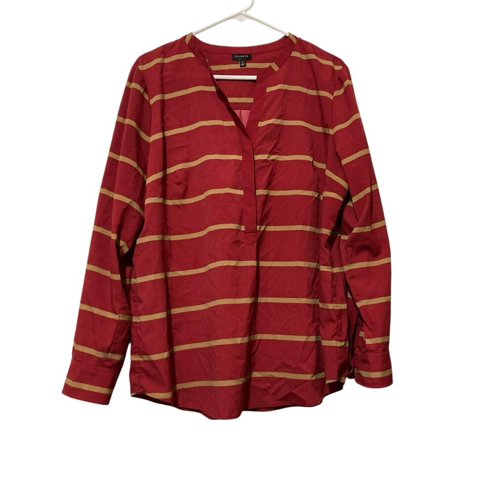 Talbots Womens Red Gold Striped Popover Blouse Size XL Neck Hidden buttons